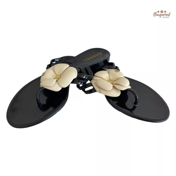 Authentic CHANEL CC Black/White Jelly Camelia Rubber Thong Flip Flop Size 38/8 - Picture 1 of 13